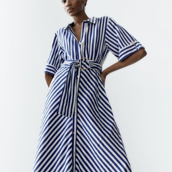 Zara Navy Blue Striped Linen Blend Belted Midi Shirt Dress Size Large - Picture 2 of 11